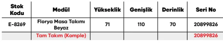 Florya Masa Takımı Beyaz ölçü ve modül bilgileri