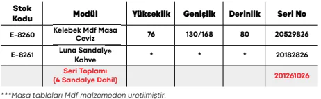 Kelebek Mdf Masa Ceviz ölçü ve modül bilgileri