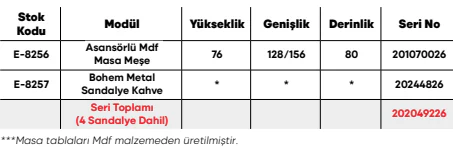 Asansörlü Mdf Masa Meşe ölçü ve modül bilgileri