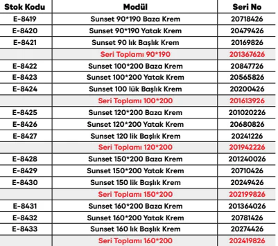 Sunset Set ölçü ve modül bilgileri