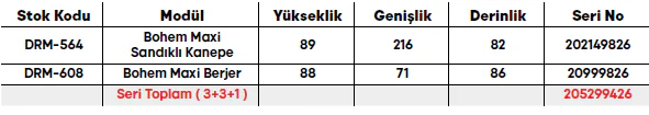 Bohem Maxi Koltuk Takımı ölçü ve modül bilgileri
