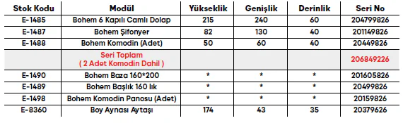Bohem Yatak Odası Takımı ölçü ve modül bilgileri