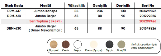 Jumbo Koltuk Takımı ölçü ve modül bilgileri
