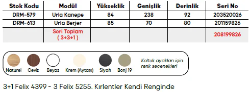 Urla Koltuk Takımı ölçü ve modül bilgileri